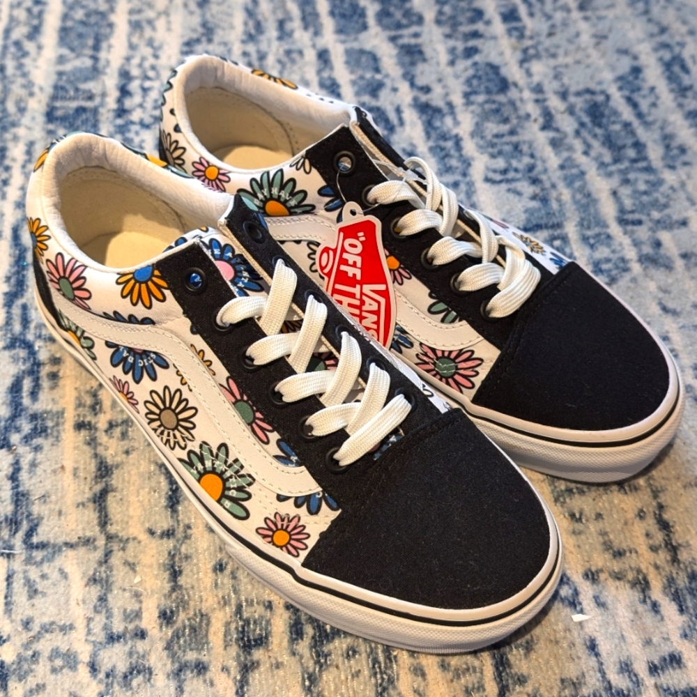 Black and White with Coloured Flowers Classic Old-Skool Vans